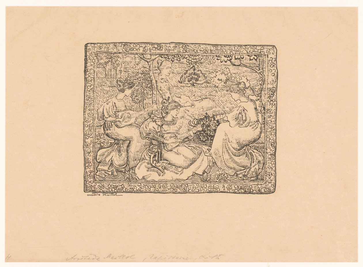 Gobelin négy zenélő nővel egy tájban Concert Champêtre (eredeti cím) alkotó: Aristide Maillol