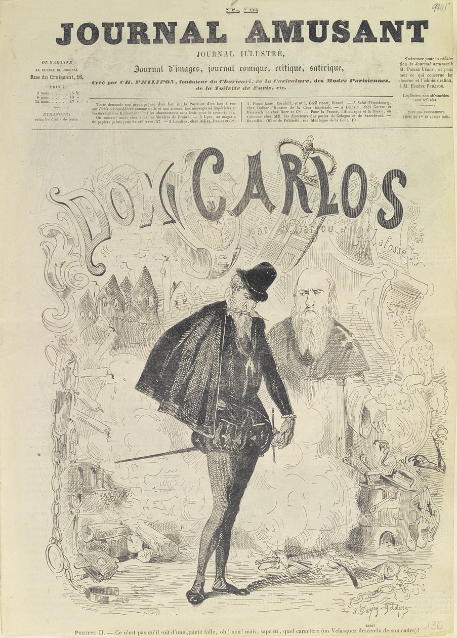 A „Le Journal Amusant” címlapja Don Carlos karikatúrájával, Giuseppe Verdi (1813-1901) „Don Carlos” operájából: alkotó: Arjou Henri and Lafosse, G Darfou
