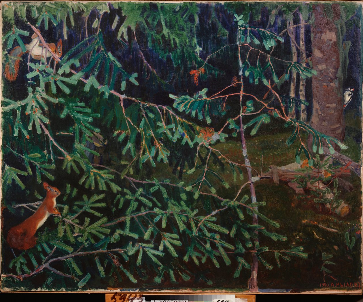 Az erdő lakói. (Mókusok az ágakban és egy madár, amely a törzset csipegeti). Arkadi (Arkady) Alekszandrovics Rylov (1870-1939) festménye, olaj, vászon alkotó: Arkadij Aleksandrovic Rylov