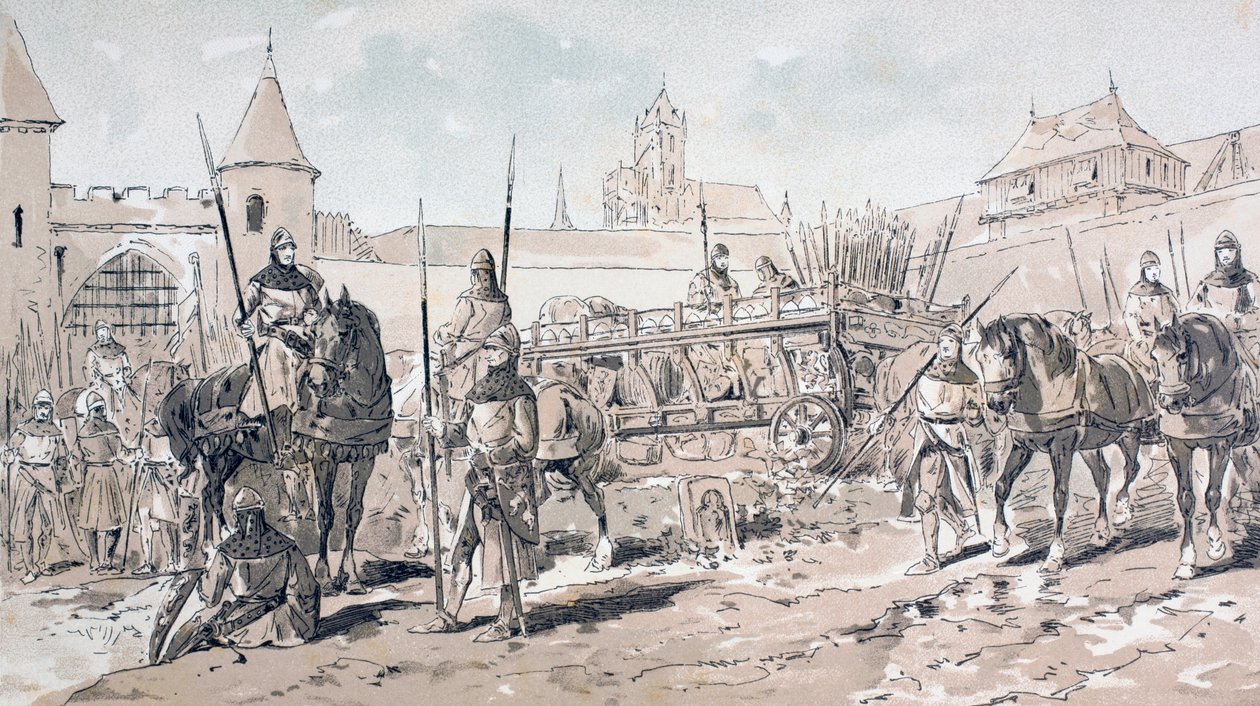Lovas és gyalogos katonák lovas kocsival, fegyvereket és készleteket szállítva a 13. században, 1886 alkotó: Armand Jean Heins