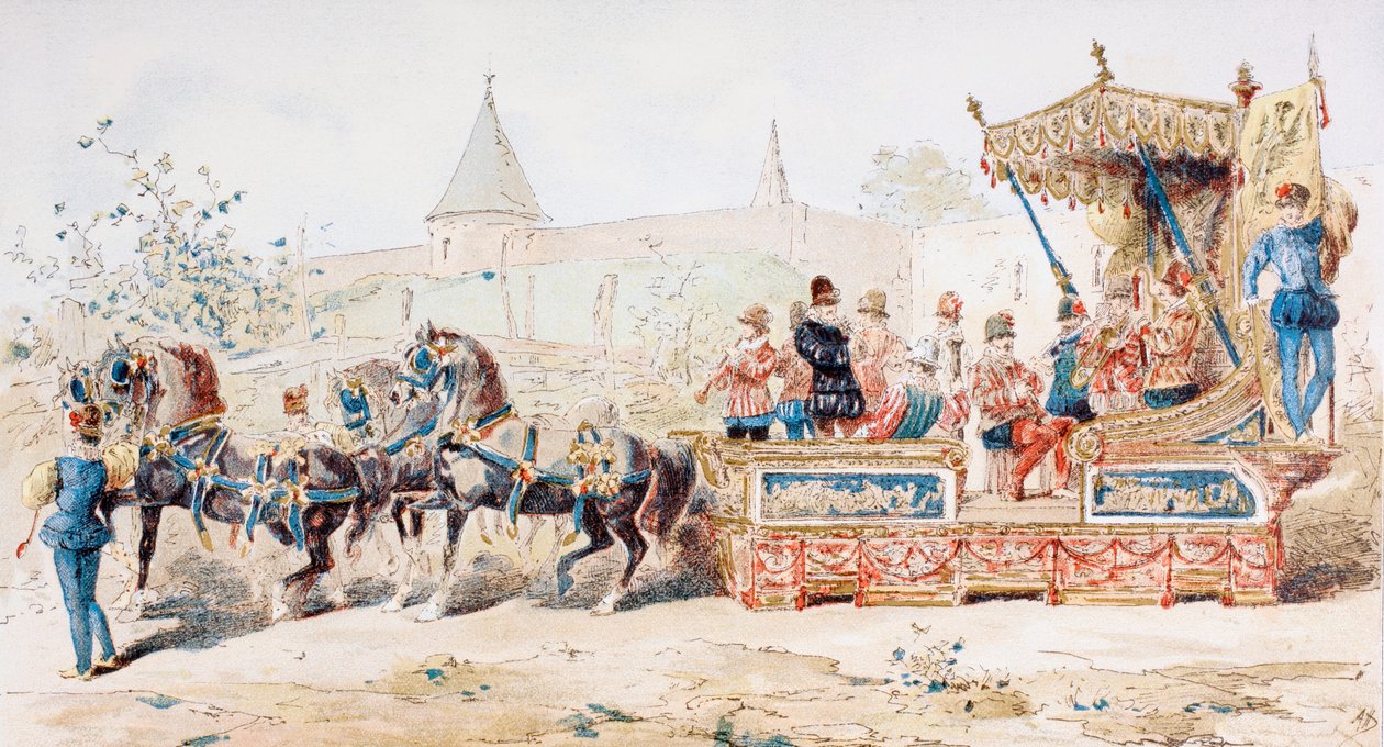 Lóvontatású, professzionális zenészeket szállító kocsi, 16. század, 1886 alkotó: Armand Jean Heins