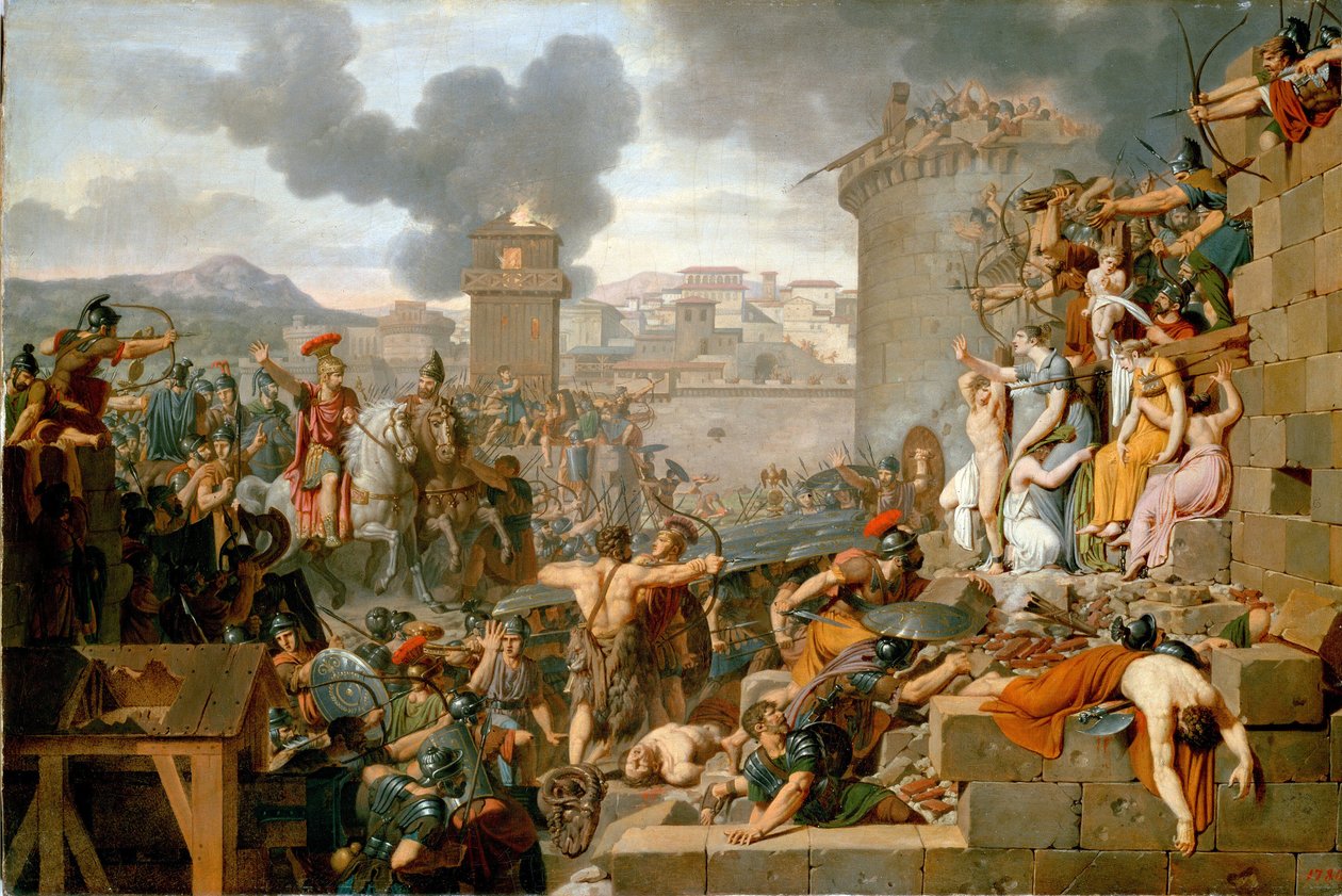 ""Metellus Raising the Siege" (Metellus Raising the Siege) Centobrica városának ostroma alatt Quintus Caecilius Metellus Macedonicus letartóztatja katonáit, amikor a lakosok rávilágítanak Rhetogene gyermekeire, hogy megtámadják őt. Festett alkotó: Armand Charles Caraffe
