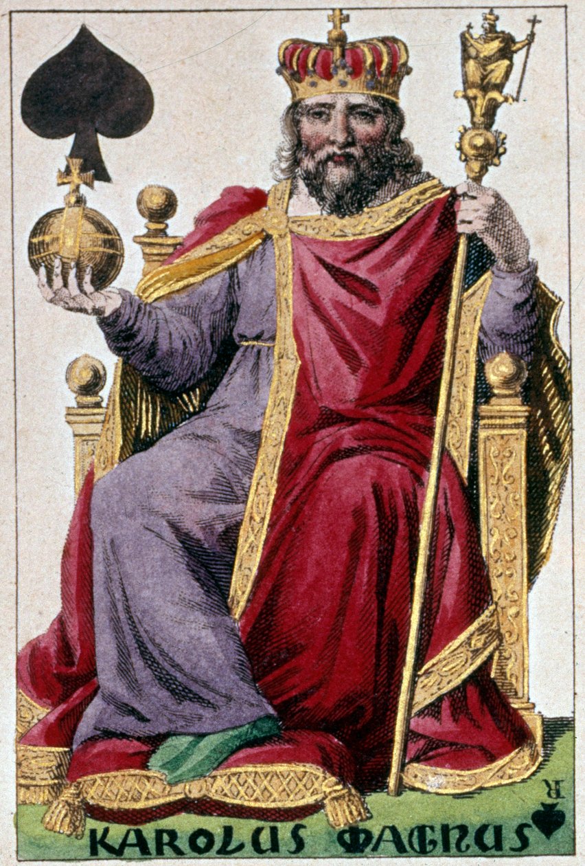 Nagy Károly ábrázolása (I. Károly Nagy Károlynak nevezte 742-814). Gustave Houbigant (1789-1862) játékkártya részlete, 19. századi Paris B.N. alkotó: Armand Gustave Houbigant