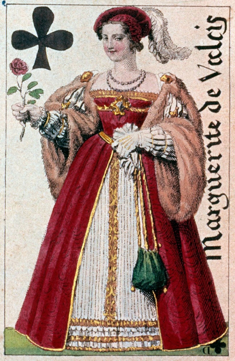 Marguerite de Valois (1553 - 1615) ábrázolása, aki Margot királynőként ismert. Gustave Houbigant (1789-1862) játékkártya részlete, 19. századi Paris B.N. alkotó: Armand Gustave Houbigant