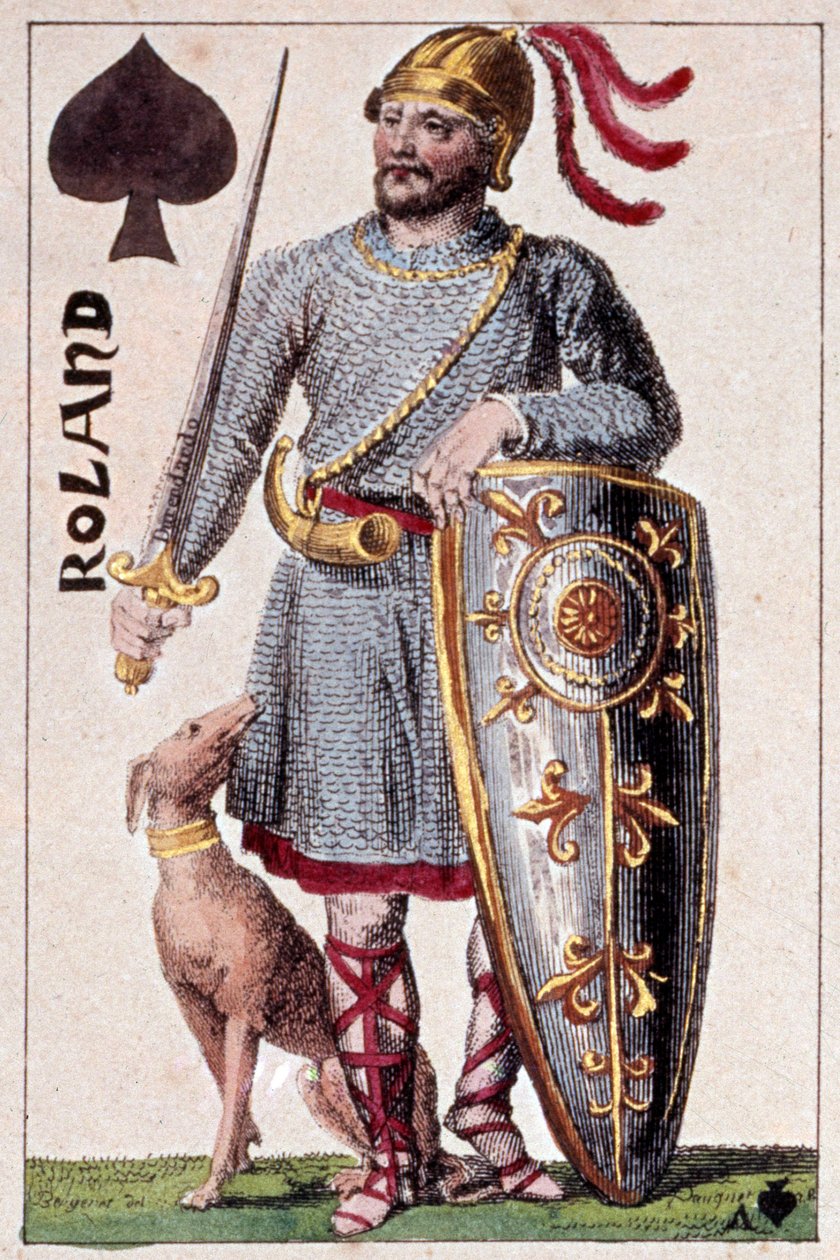 Roland (vagy Hroudland) lovag, Bretagne márciusi márki ábrázolása. Gustave Houbigant (1789-1862) játékkártya részlete, 19. századi Paris B.N. alkotó: Armand Gustave Houbigant