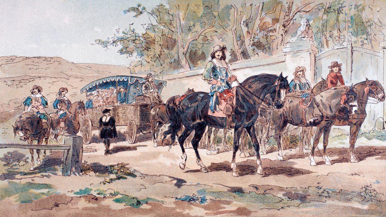Egy lóhúzott nyilvános szorgalom, vagy edző a 17. századból lovas kísérettel, 1886 alkotó: Armand Jean Heins