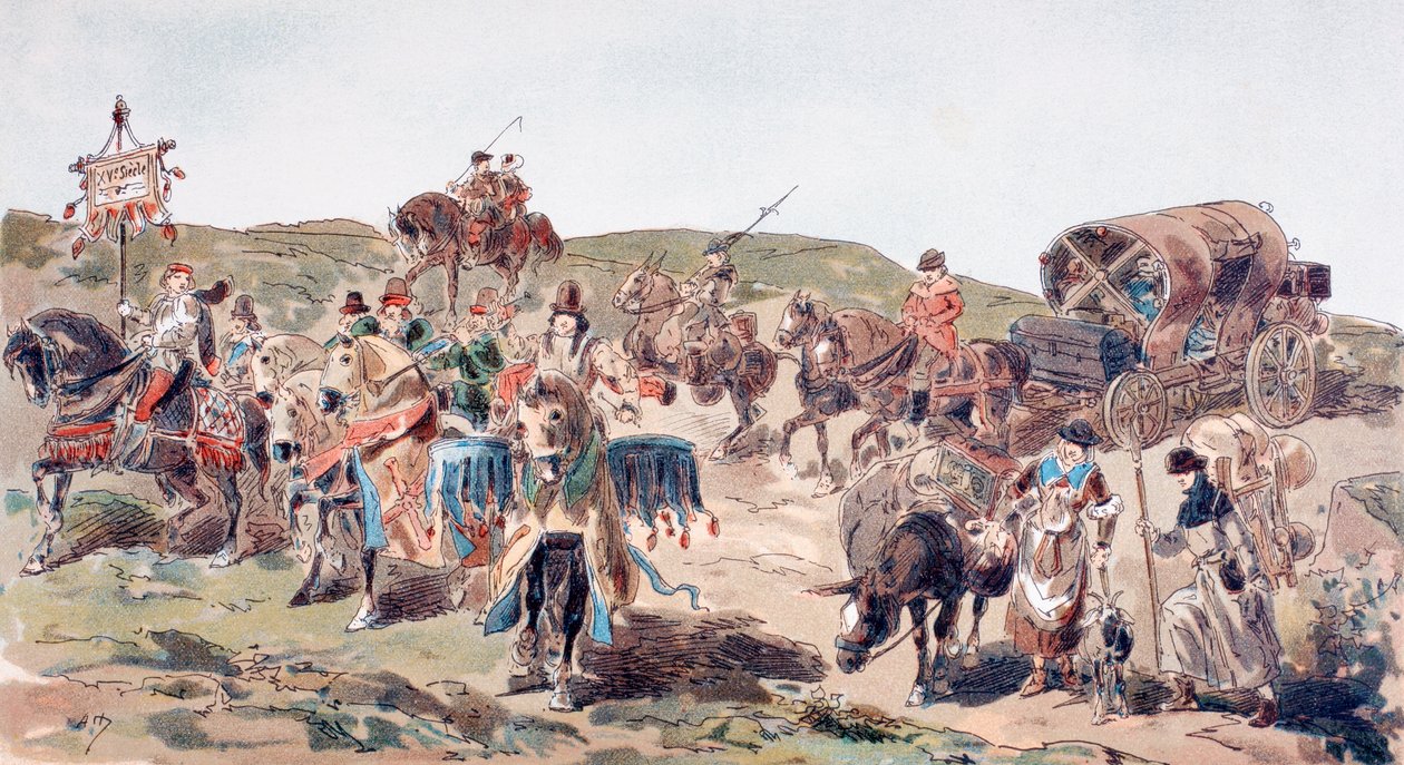 Kísérővel utazó kocsi a 15. században, 1886 alkotó: Armand Jean Heins