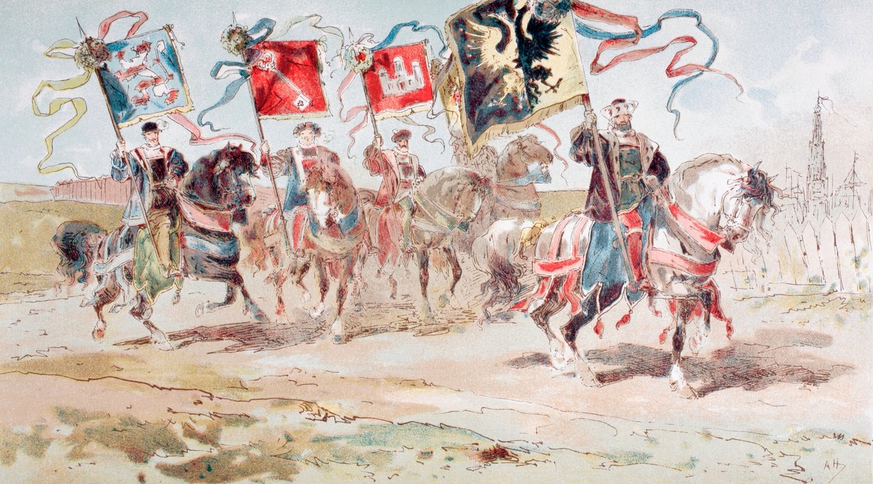 Lovasok a Hanza-szövetség és a szövetséghez tartozó városok zászlóit hordozó lovasok, 16. század, 1886 alkotó: Armand Jean Heins