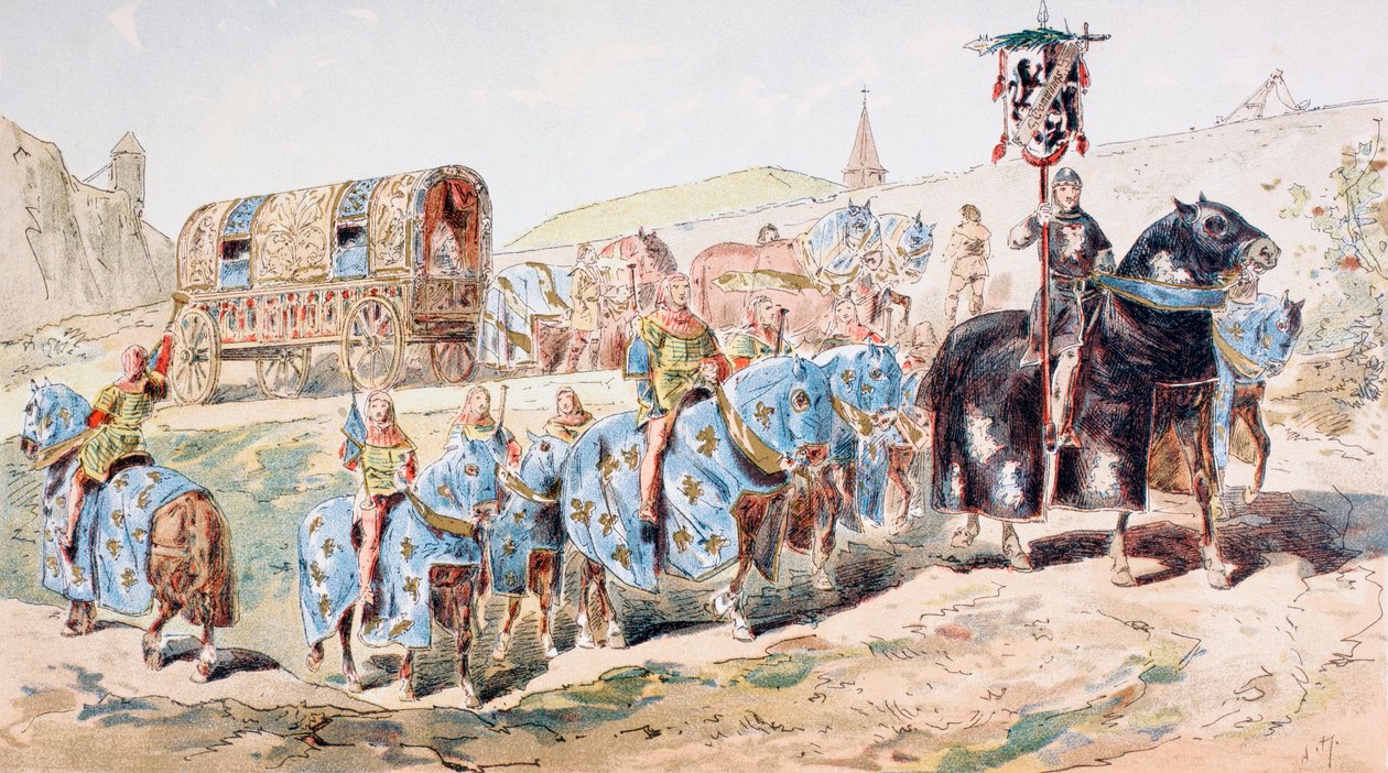 Nemesasszony lovas kocsiban, trombitások kíséretében a 13. században alkotó: Armand Jean Heins