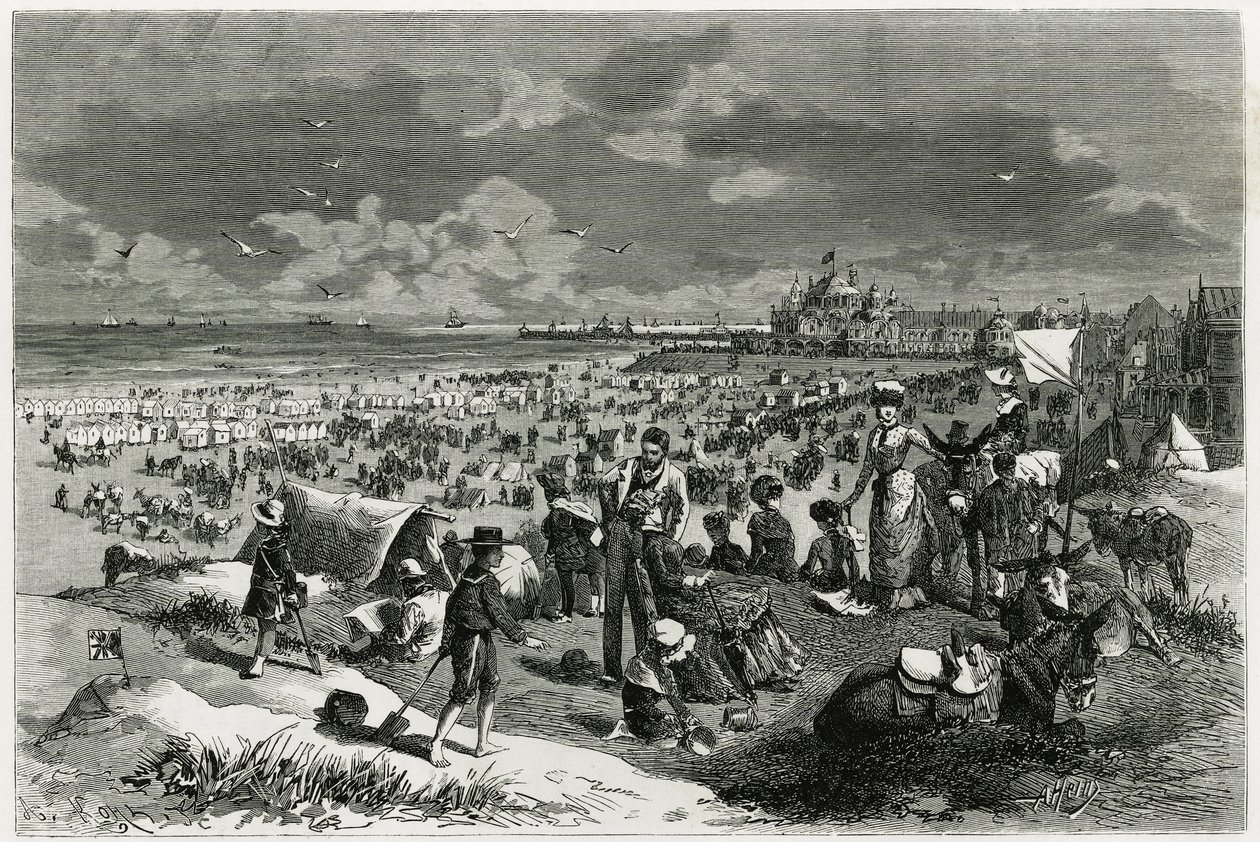 Ostend Beach. A.Heins metszete a „La Belgique” című történet illusztrálására, Camille Lemonnier (1844-1913), író és művészeti kritikustól. Megjelent a Tour du monde új folyóiratban des voyages alkotó: Armand Jean Heins