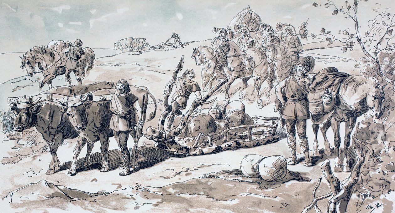 Kövekkel megrakott primitív szánkót rajzoló ökrök, 1886 alkotó: Armand Jean Heins