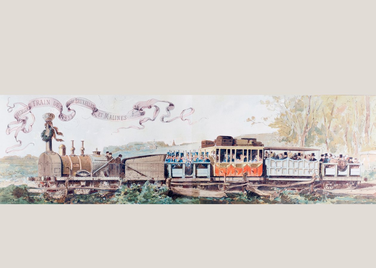 A Brüsszelből Mechlinbe tartó első vonat ünneplése 1835-ben, 1886-ban alkotó: Armand Jean Heins