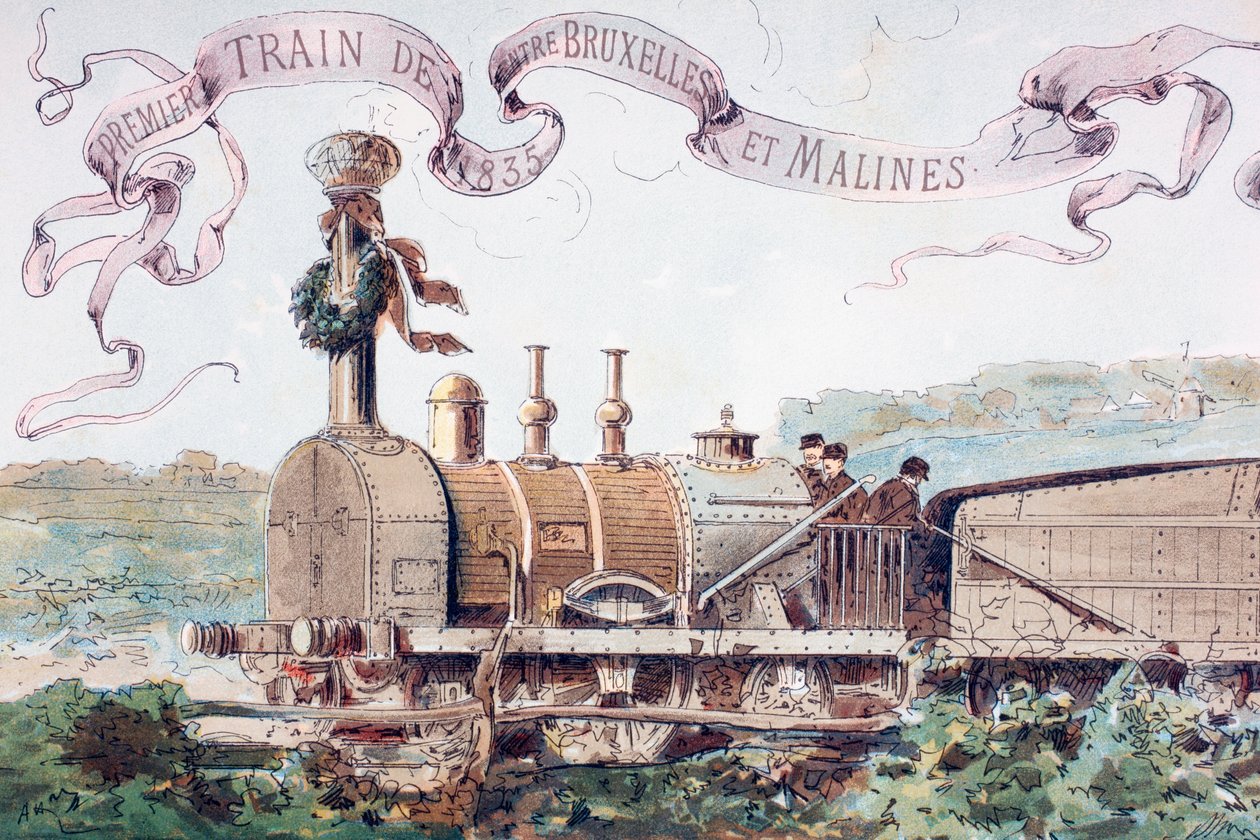 A Brüsszelből Mechlinbe tartó első vonat ünneplése 1835-ben, 1886-ban alkotó: Armand Jean Heins