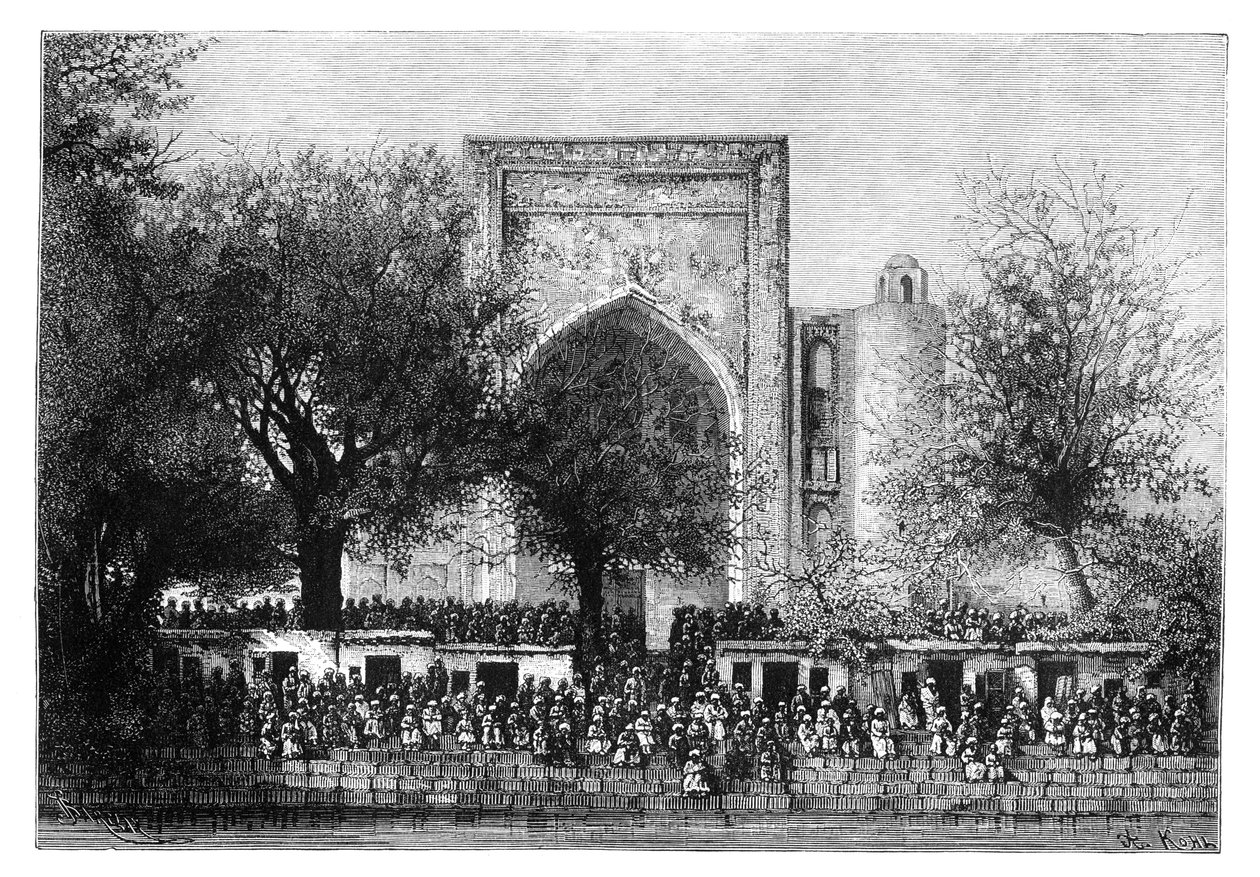Gyűlés a mecset előtt Buharában, Üzbegisztánban, 1895. alkotó: Armand Kohl