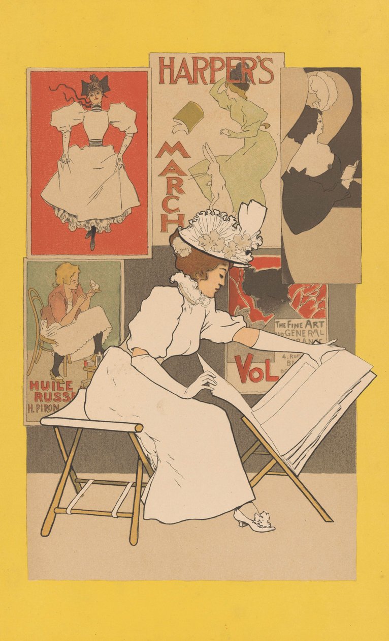 Ülő nő egy állványon, és nyomatokat néz, 1897 alkotó: Armand Rassenfosse