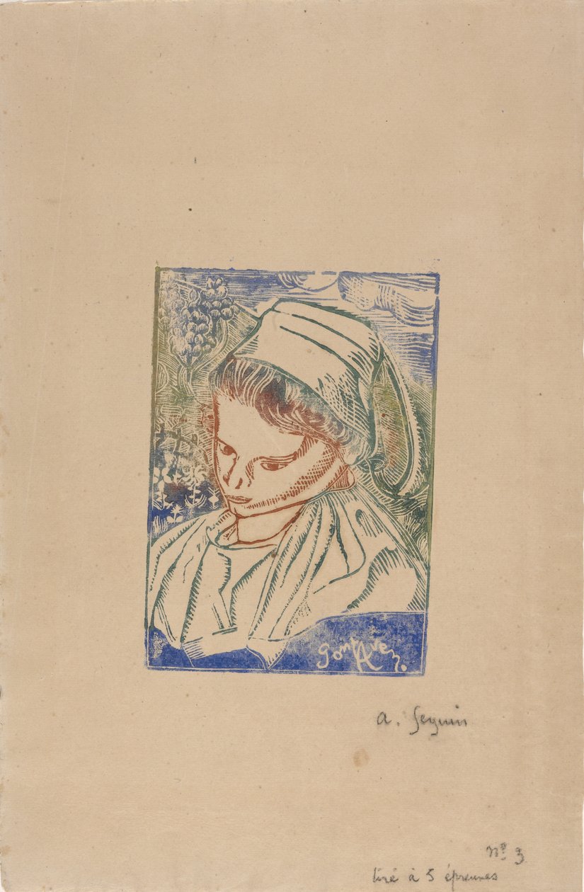 Bretonne de Pont-Aven (Breton nő Pont-Avenből) 1896 körül (fatömbnyomat babaszínezéssel) alkotó: Armand Séguin