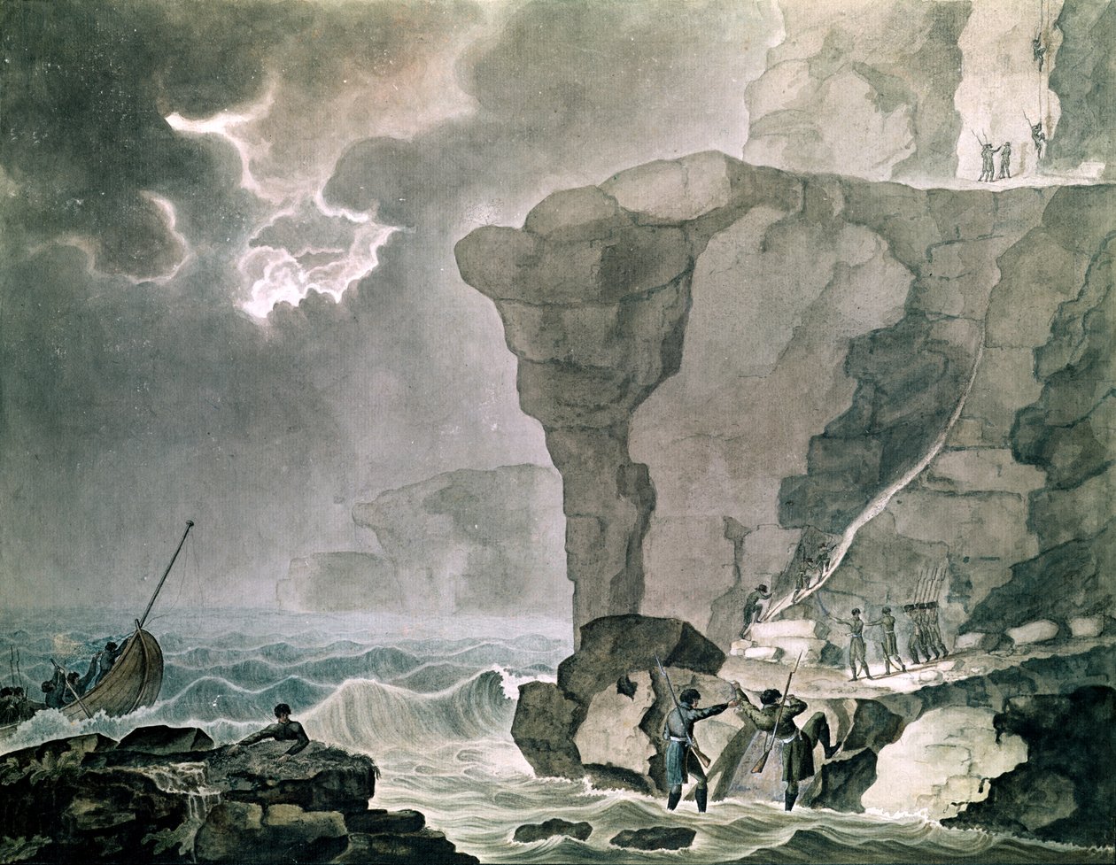 Az összeesküvők partraszállása a Cadoudal-ügyben a Biville-i sziklánál Dieppe mellett, 1804. január 16. (wc papíron) alkotó: Armand de Polignac