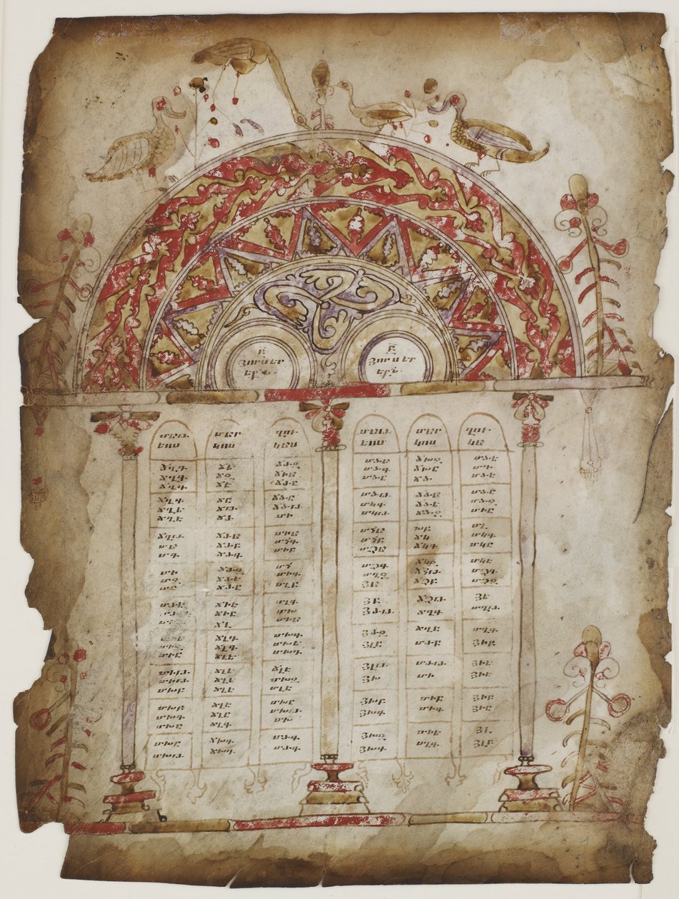 Canon asztalok evangéliumból (átlátszatlan akvarell, tus és arany pergamen) alkotó: Armenian School