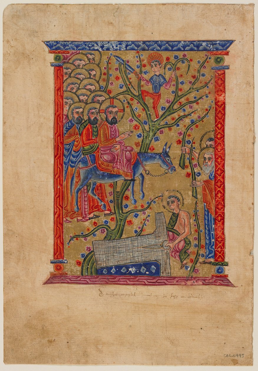 Fólió egy örmény kéziratból: Belépés Jeruzsálembe, 1500 körül (tinta, átlátszatlan wc és arany papíron) alkotó: Armenian School