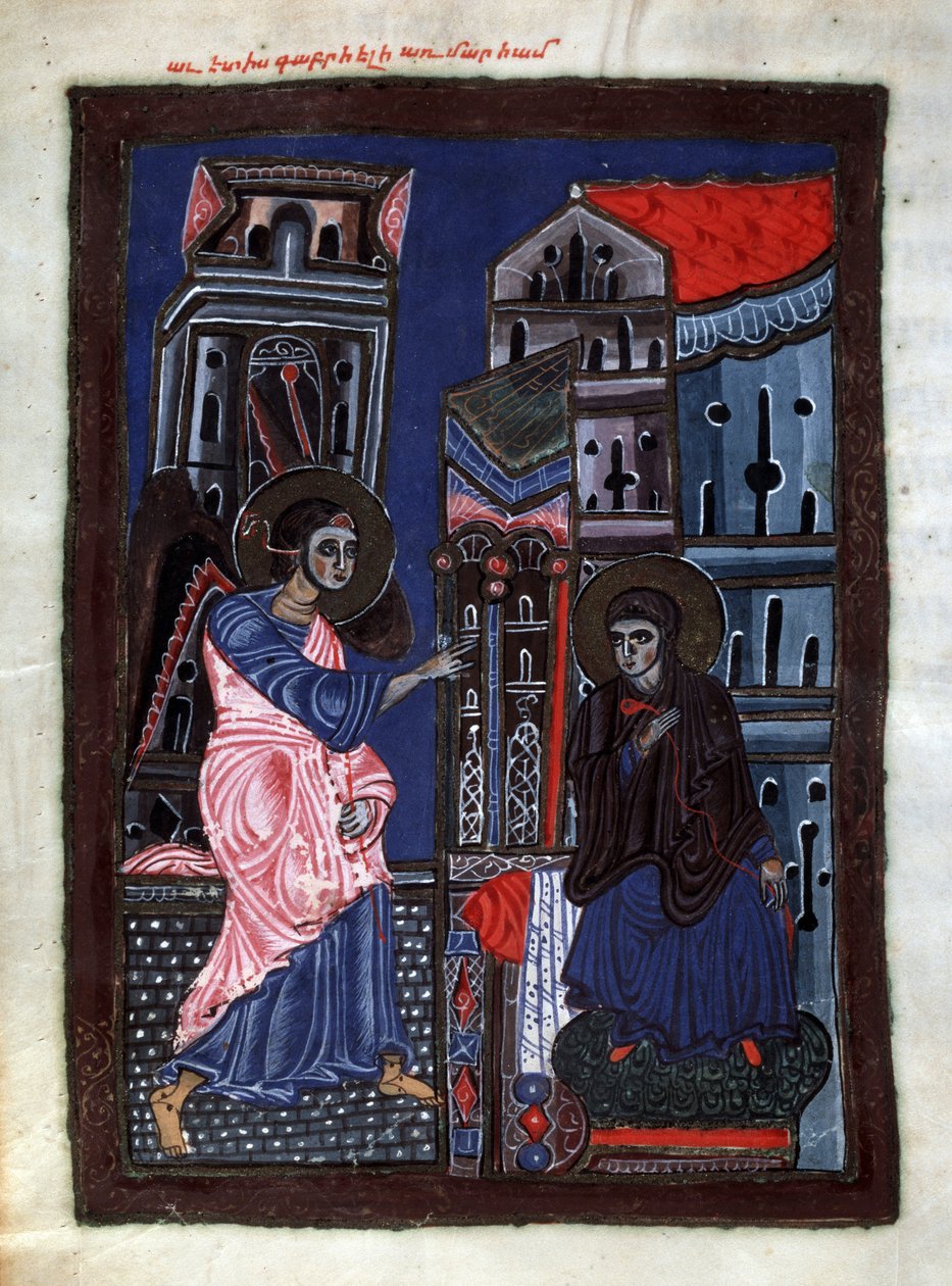 Az Angyali üdvözlet. Gábriel arkangyal meglátogatja Szűz Máriát. A Matenadaran Codex mesterének világítása (13. század), miniatűr, akvarell pergamenre alkotó: Armenian School