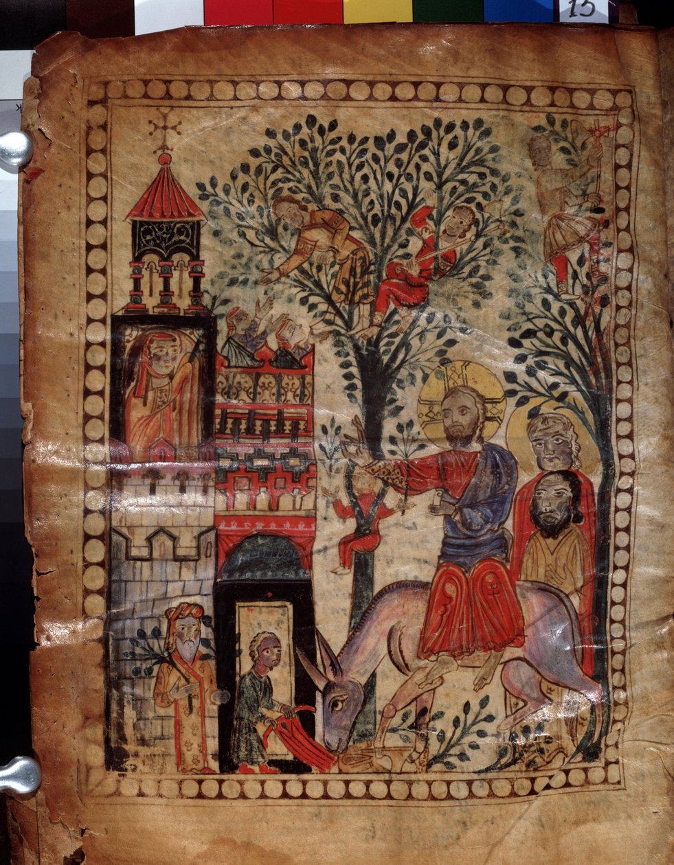 Krisztus belépése Jeruzsálembe (Izrael). A Matenadaran Codex mesterének világítása (13. század), miniatűr, akvarell pergamenre alkotó: Armenian School