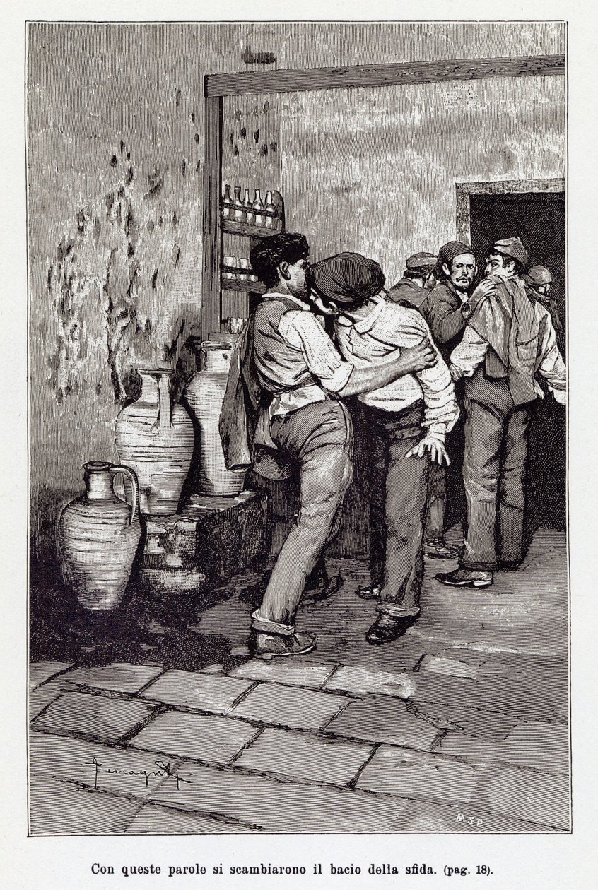 Meghívás a szicíliai párbajra a halandó „csókkal”, tulajdonképpen fülbeharapással. Arnaldo Ferraguti illusztrációja Giovanni Verga új „" Cavalleria Rusticana "-jához. 1897 alkotó: Arnaldo Ferraguti