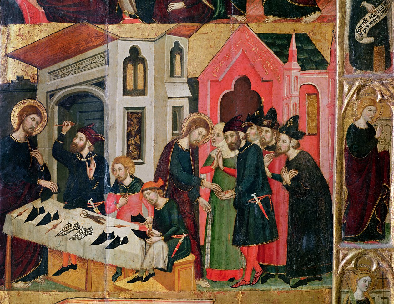 SS oltárképe. Mark és Ania, egy cipészbódé részlete, Katalán Iskola, 1346 alkotó: Arnau Bassa