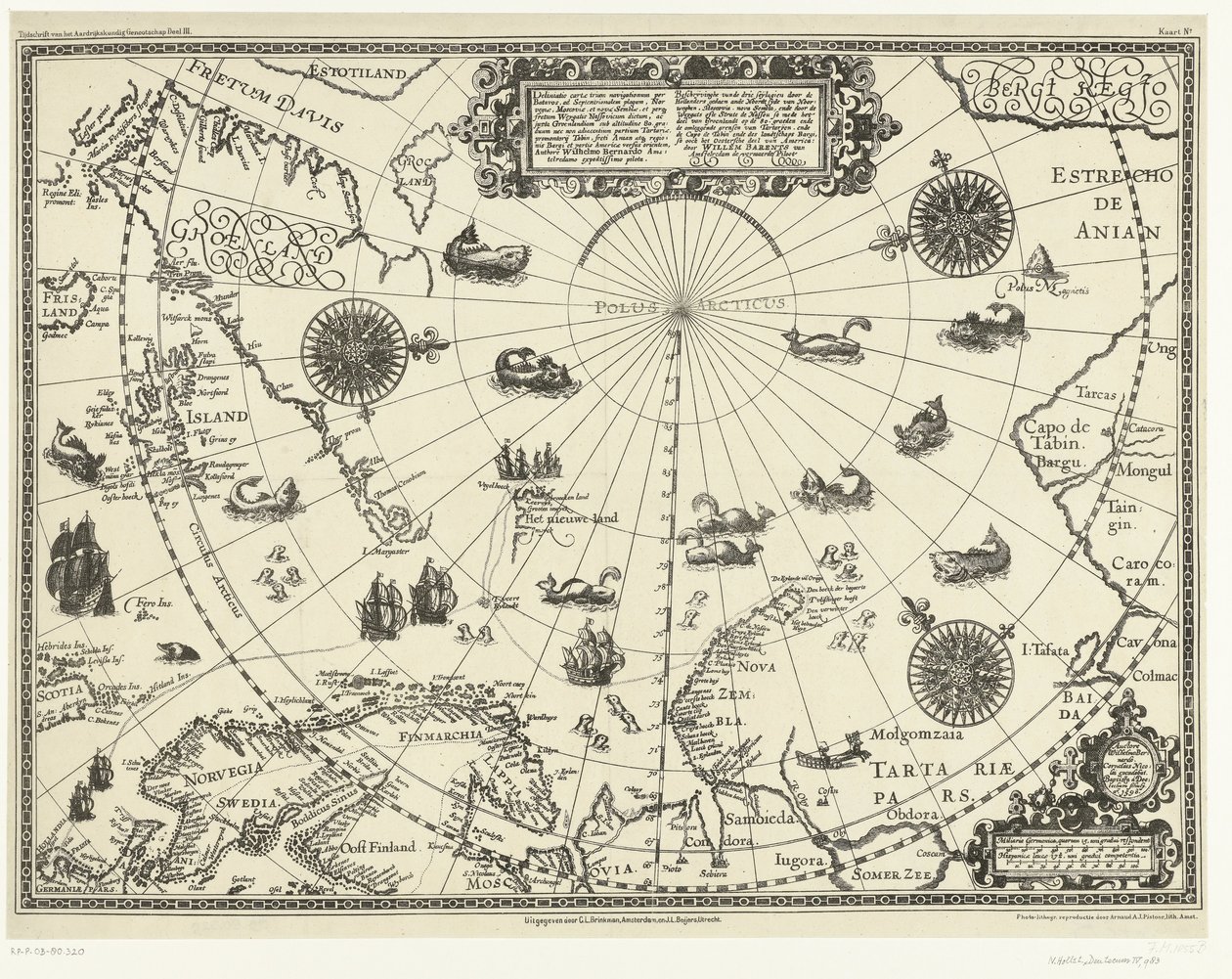Az Északi-sarkkör körüli országok térképe, amely a hollandok három útját mutatja, 1598 A holland és a Noordt syde van Noorweghen által készített három seylagien leírása, Moscovia, nova Sembla és Groenlandt 80. fokos részén keresztül alkotó: Arnaud A.J. Pistoor