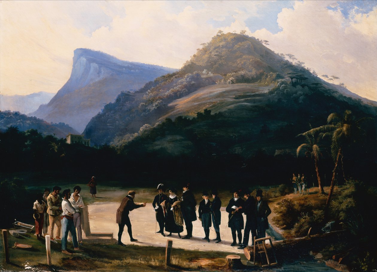 Egy építész védnökeivel egy villa alapkövét készül letenni a Corcovado-hegy alatt (olaj, vászon) alkotó: Arnaud Julien Pallière