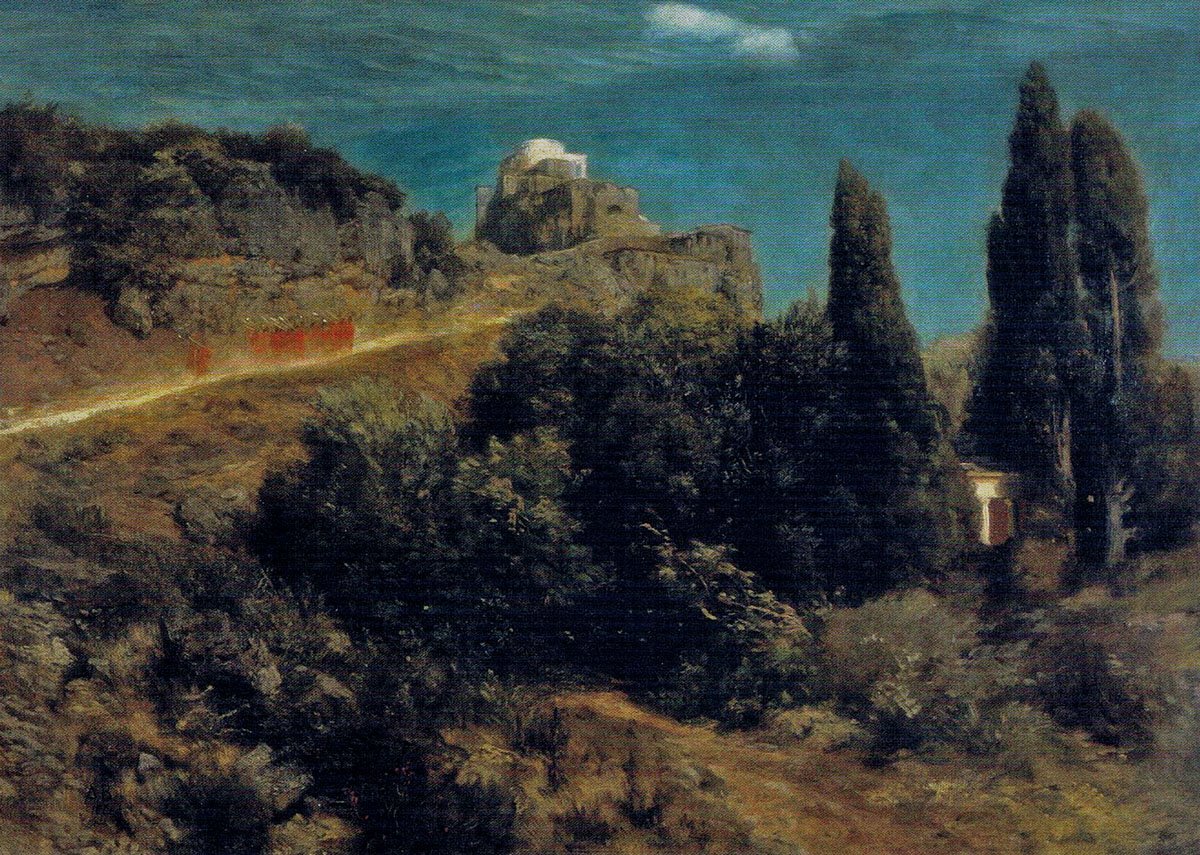 Hegyi vár harcosokkal alkotó: Arnold Böcklin