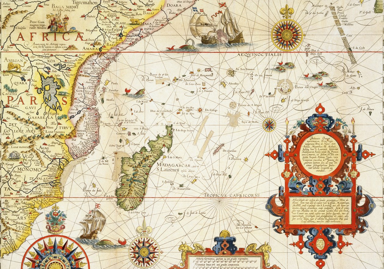 Kelet-Afrika és Madagaszkár térképe, 1596 (kézzel színezett metszet) alkotó: Arnold Florent van Langren