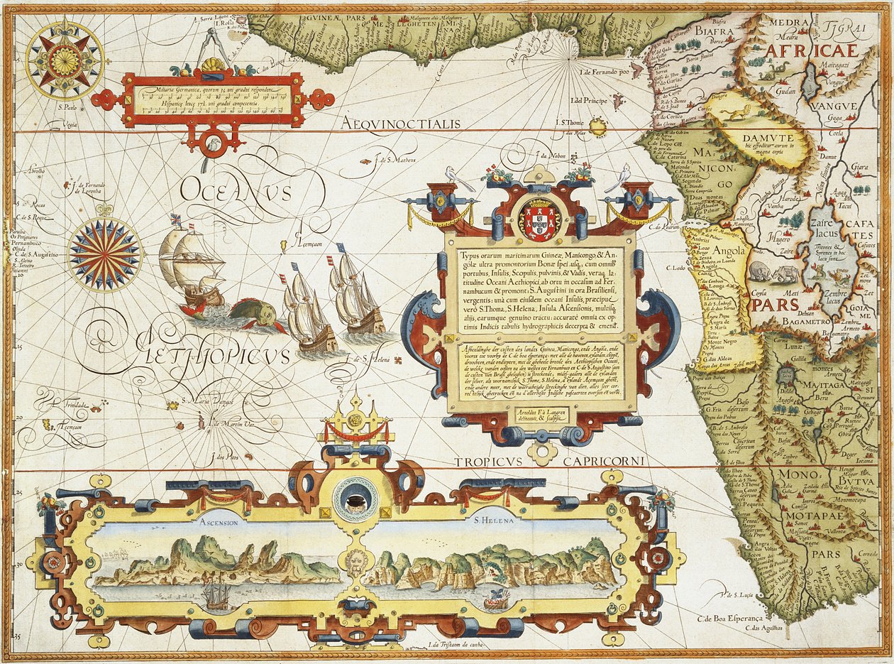 Nyugat-Afrika partvonalának térképe, 1596 (kézzel színezett metszet) alkotó: Arnold Florent van Langren