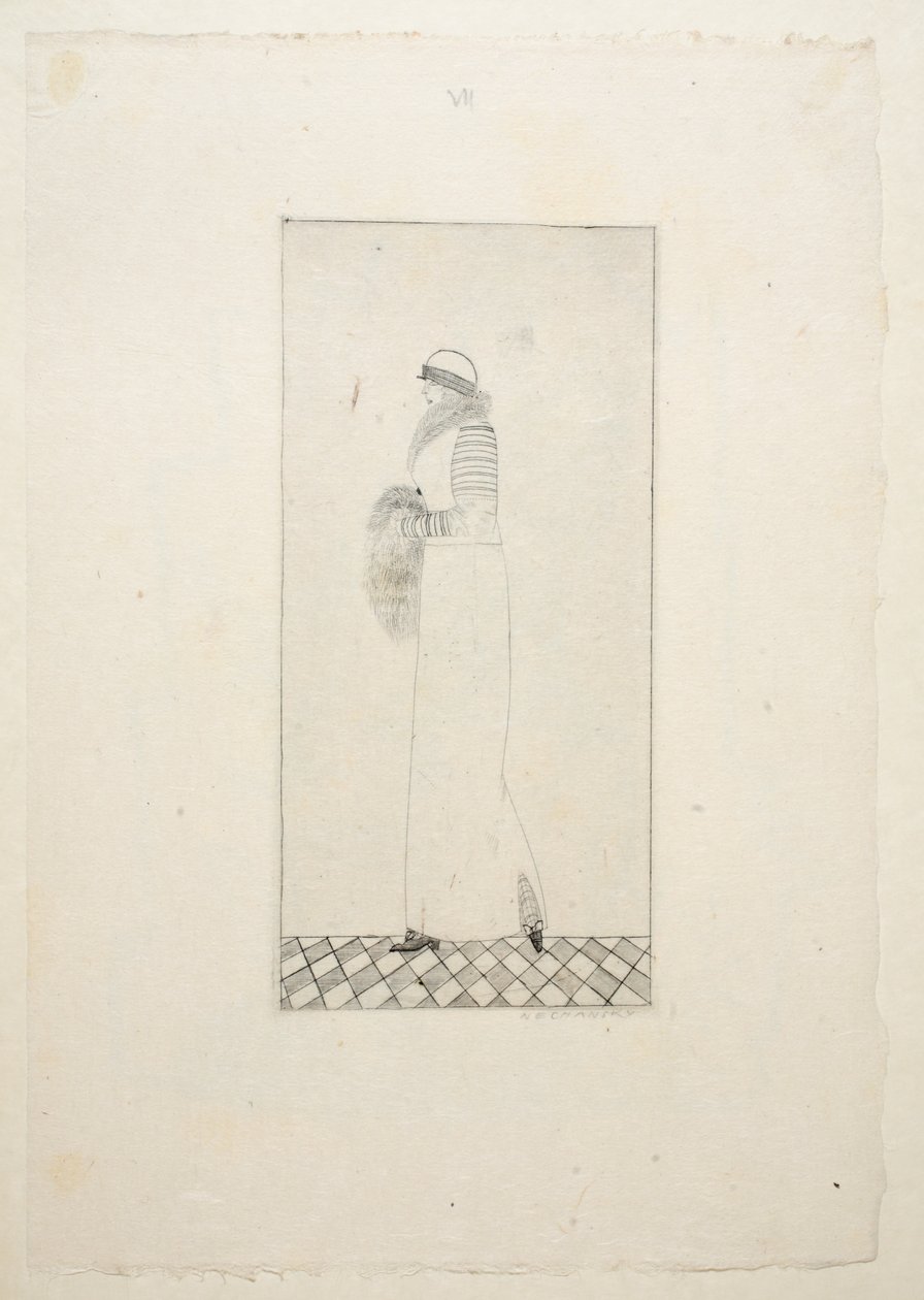 Dizájn nappali ruhához, 7. tábla, 1. könyv, illusztráció a Wiener Werkstatte Mode 191415-ből, pub. Eduard Kosmack, Bécs, 1914-1915 (kézzel színezett linómetszet) alkotó: Arnold Nechansky