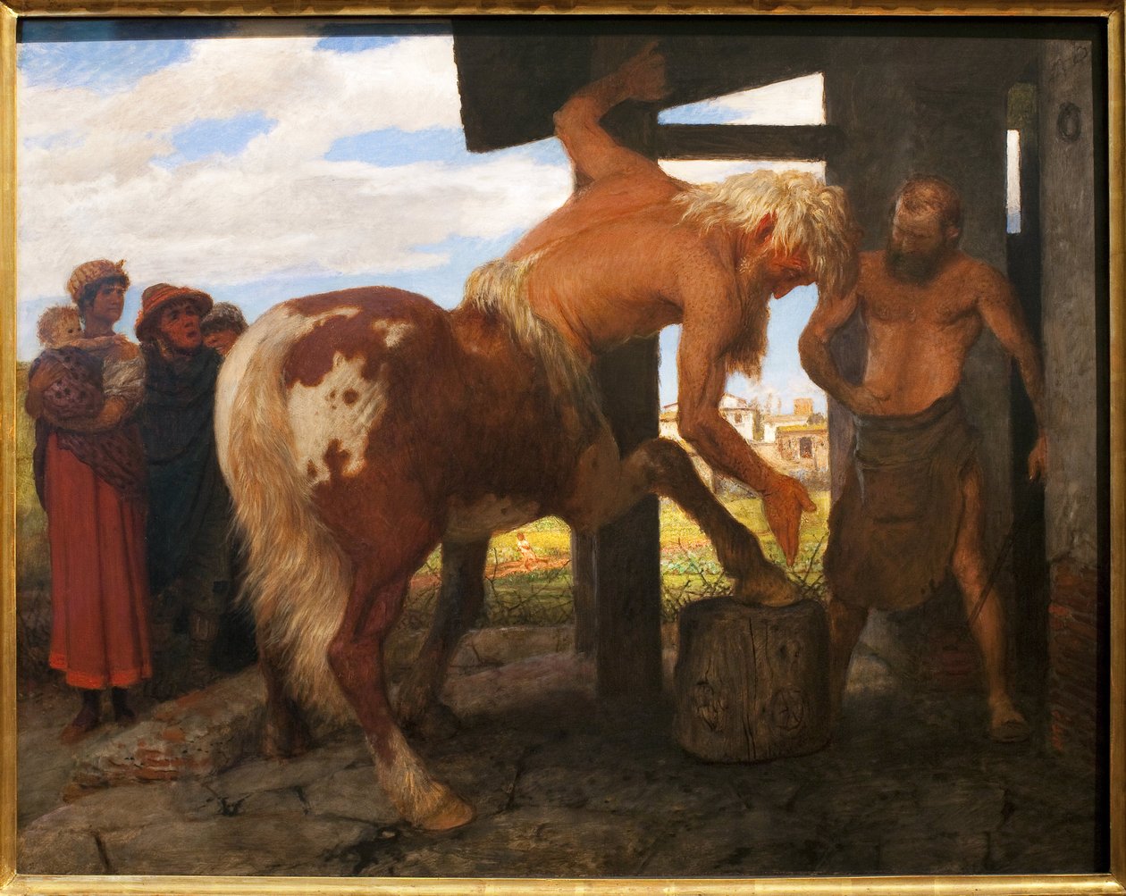 Kentaur a falu kovácsánál. Arnold Bocklin (1829-1901) festménye, Olaj, vászon alkotó: Arnold Böcklin