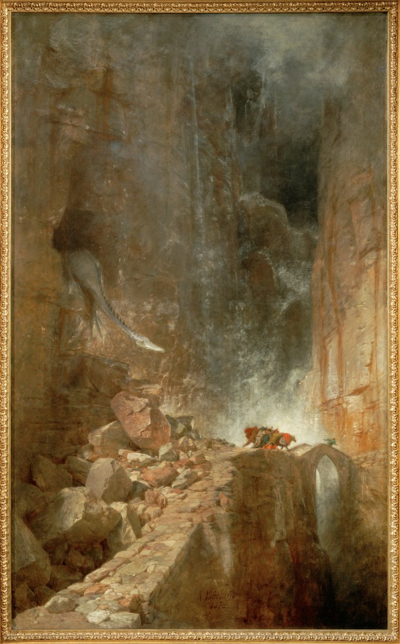 Ein Drache in einer Felsenschlucht - Sárkány egy sziklás szurdokban ... (festmény, vászon) alkotó: Arnold Böcklin