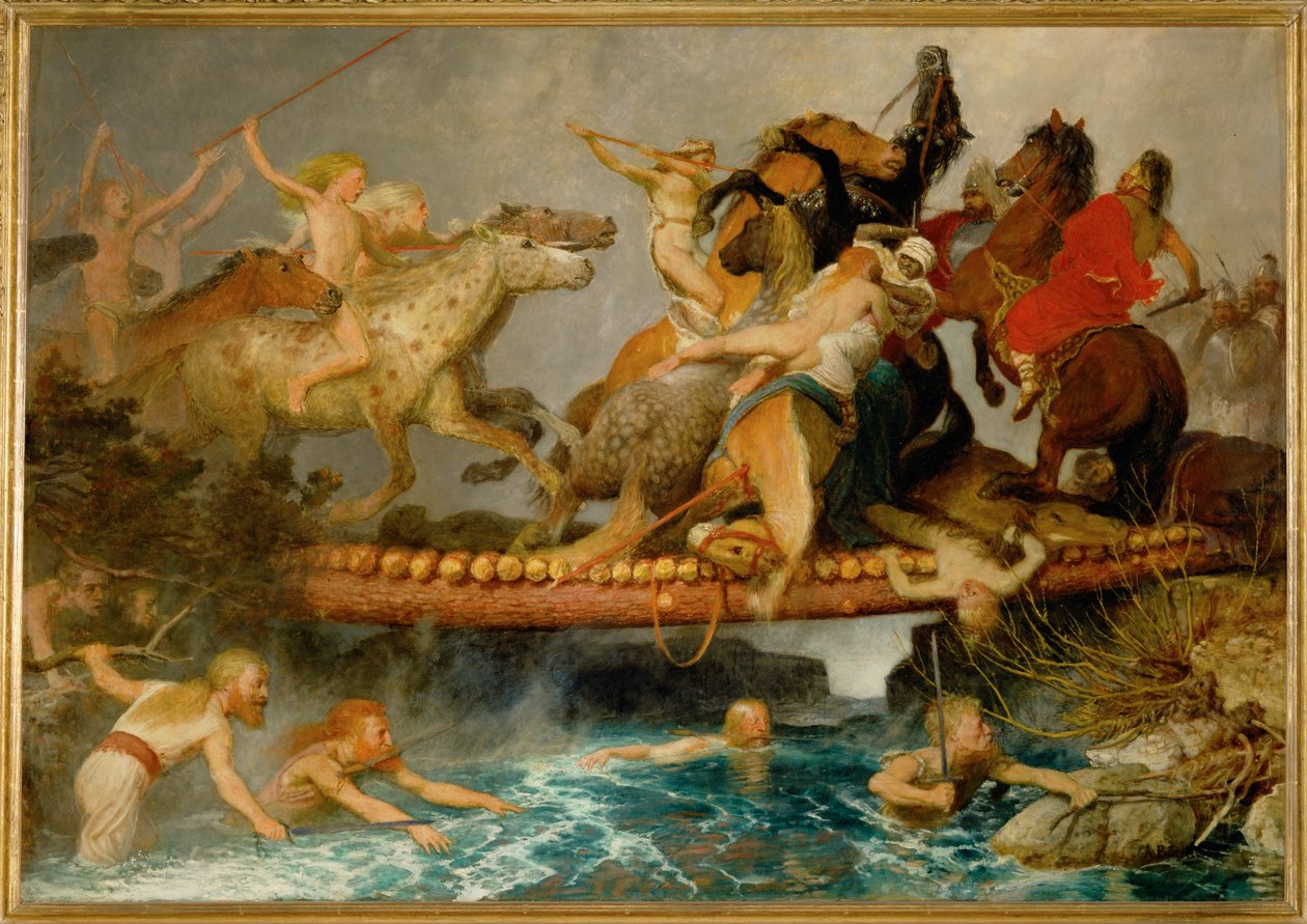 Kampf auf einer Bruecke - Harc a hídon ... (festmény, vászon) alkotó: Arnold Böcklin