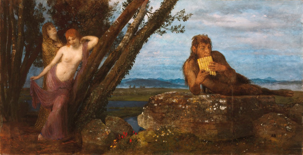 ""Soiree de Printemps"" (Tavaszest) Pan egy sziklán fekve furulyázik, miközben két nereida kéjesen a törzsnek dől - Arnold Bocklin (1827-1901) festménye 1879 Szepmuveszeti Múzeum, Budapest alkotó: Arnold Böcklin
