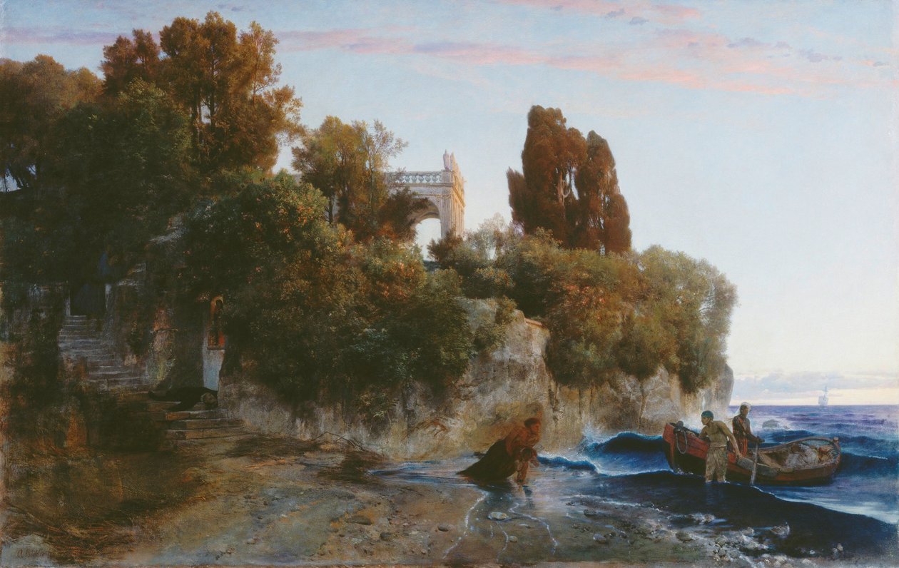 A tengerparti kastély és a gyilkosság a kastély kertjében alkotó: Arnold Böcklin