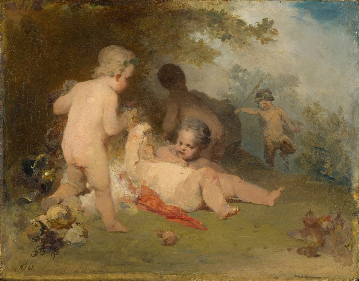 Putti és egy fiatal szatír a Forest Glenben alkotó: Arnold Böcklin