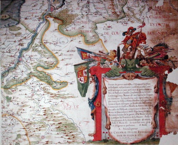 Cartouche Richelieu bíboros (1585-1642) dedikációjával és Németalföld térképe a harmincéves háború idején (1618-48), a Theatre des guerres entre le roy d