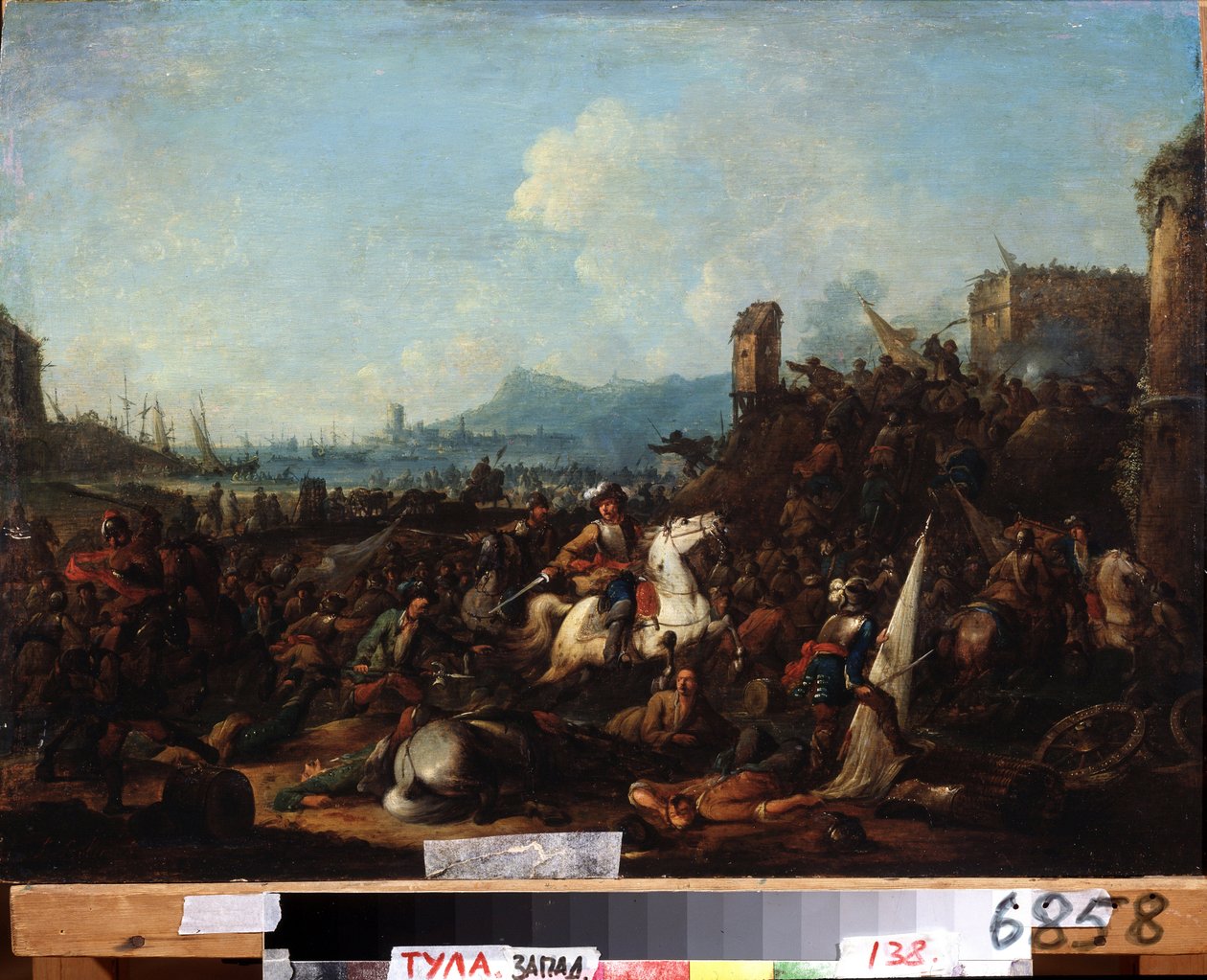 La Rochelle ostroma, 1628. október (The siege of La Rochelle on October 1628). Arnold Frans Rubens (1687-1719) festménye. Olaj, fa, 39,5 x 57 cm. Flamand művészet, barokk stílus. Állami Művészeti Múzeum, Tula (vagy Tolan). alkotó: Arnold Frans Rubens