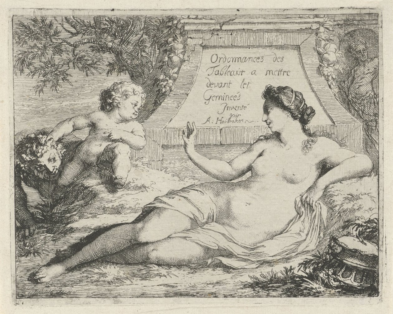 Vénuszt egy szatír kémkedett Ordonnances des tableaux a mettre devant les Gemineés (cím a tárgyon) Bűnszobrok jelenete festők, szobortartók stb. szolgálatára nyitott (sorozat címe) alkotó: Arnold Houbraken