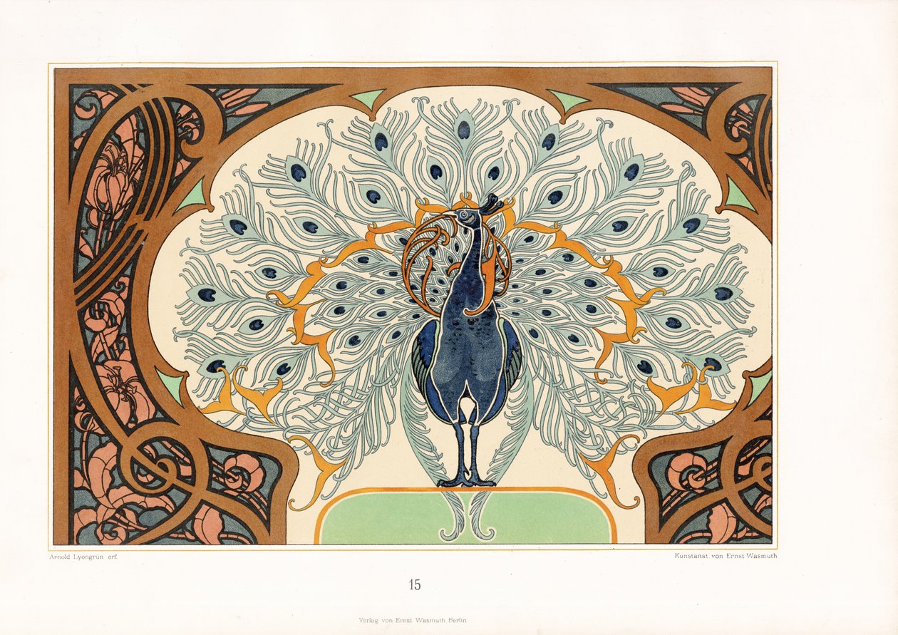 Páva szecessziós díszkeretben (litográfia) alkotó: Arnold Lyongrün