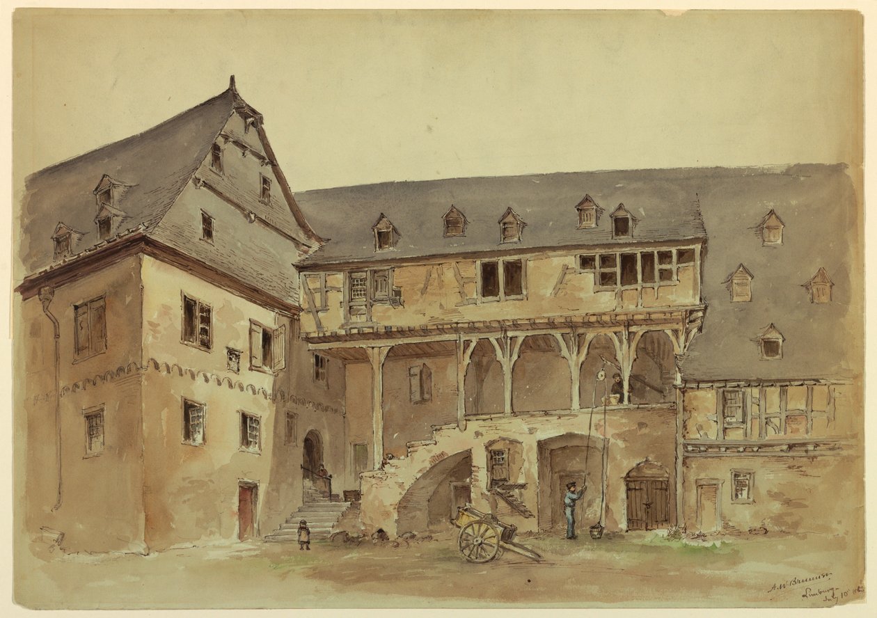 Rajz, Középkori udvarház udvara, 1889 körül. alkotó: Arnold William Brunner