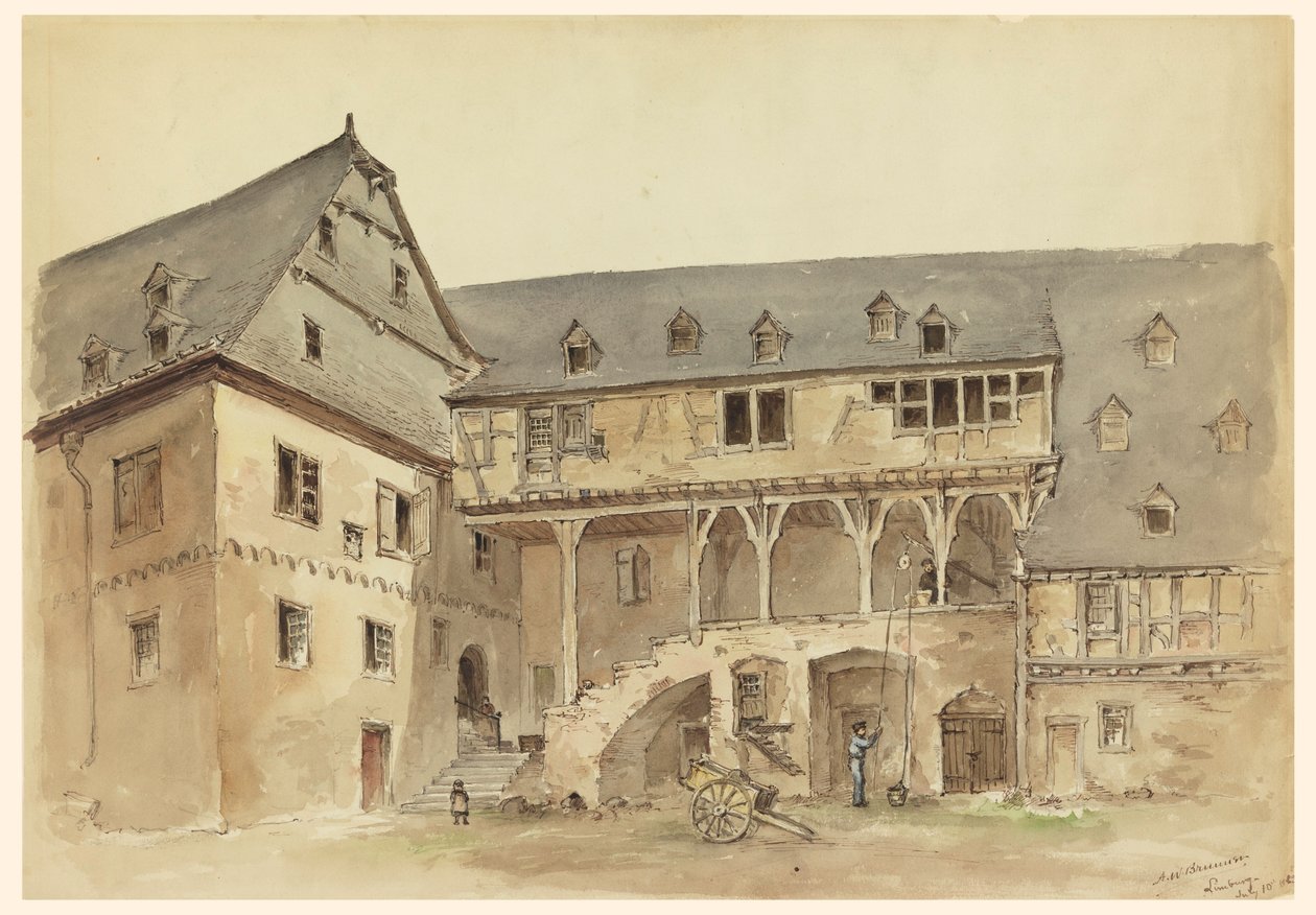 Rajz, Középkori udvarház udvara, 1889 körül. alkotó: Arnold William Brunner