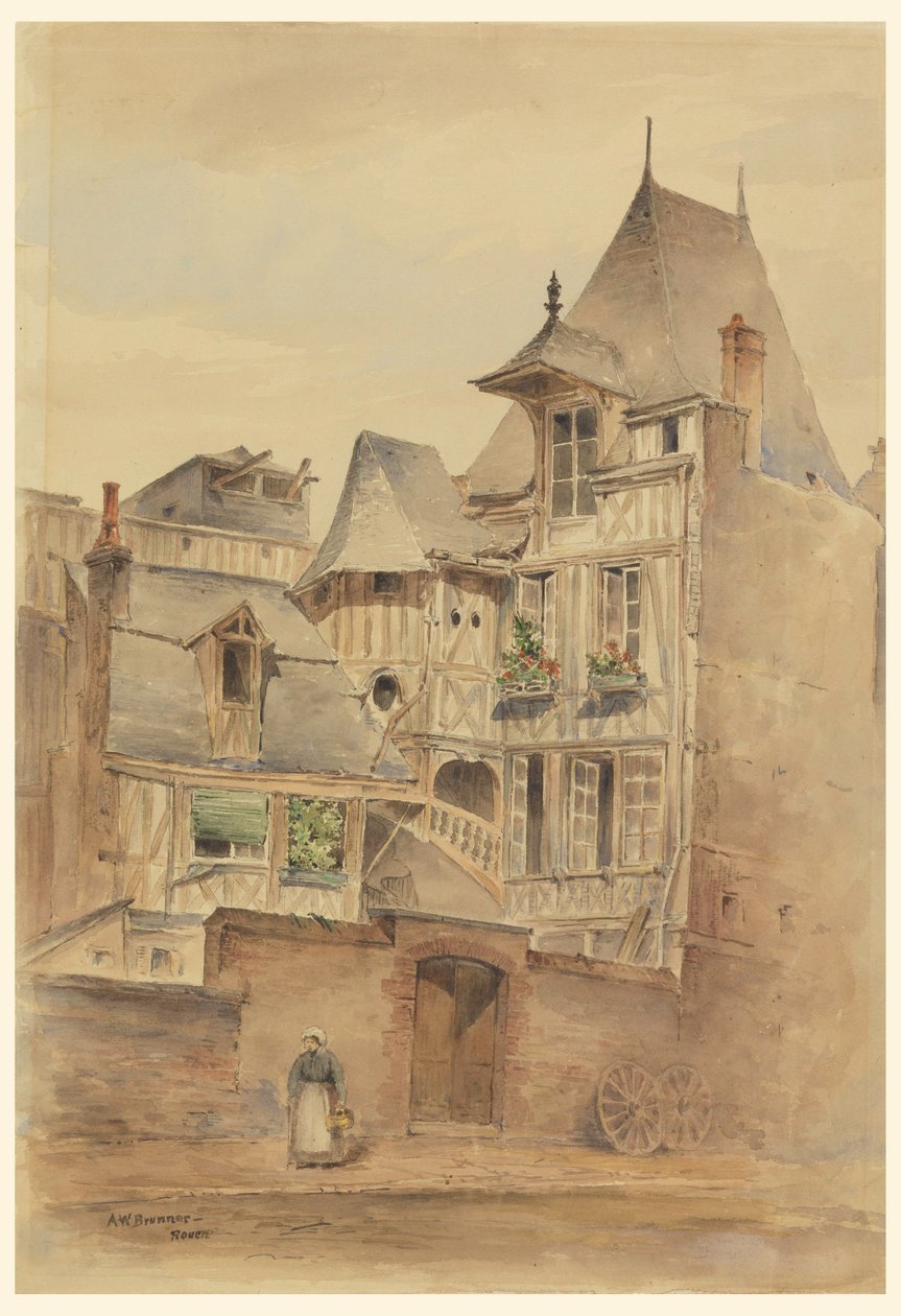 Rajz, utcai jelenet középkori házakkal, 1885 körül. alkotó: Arnold William Brunner