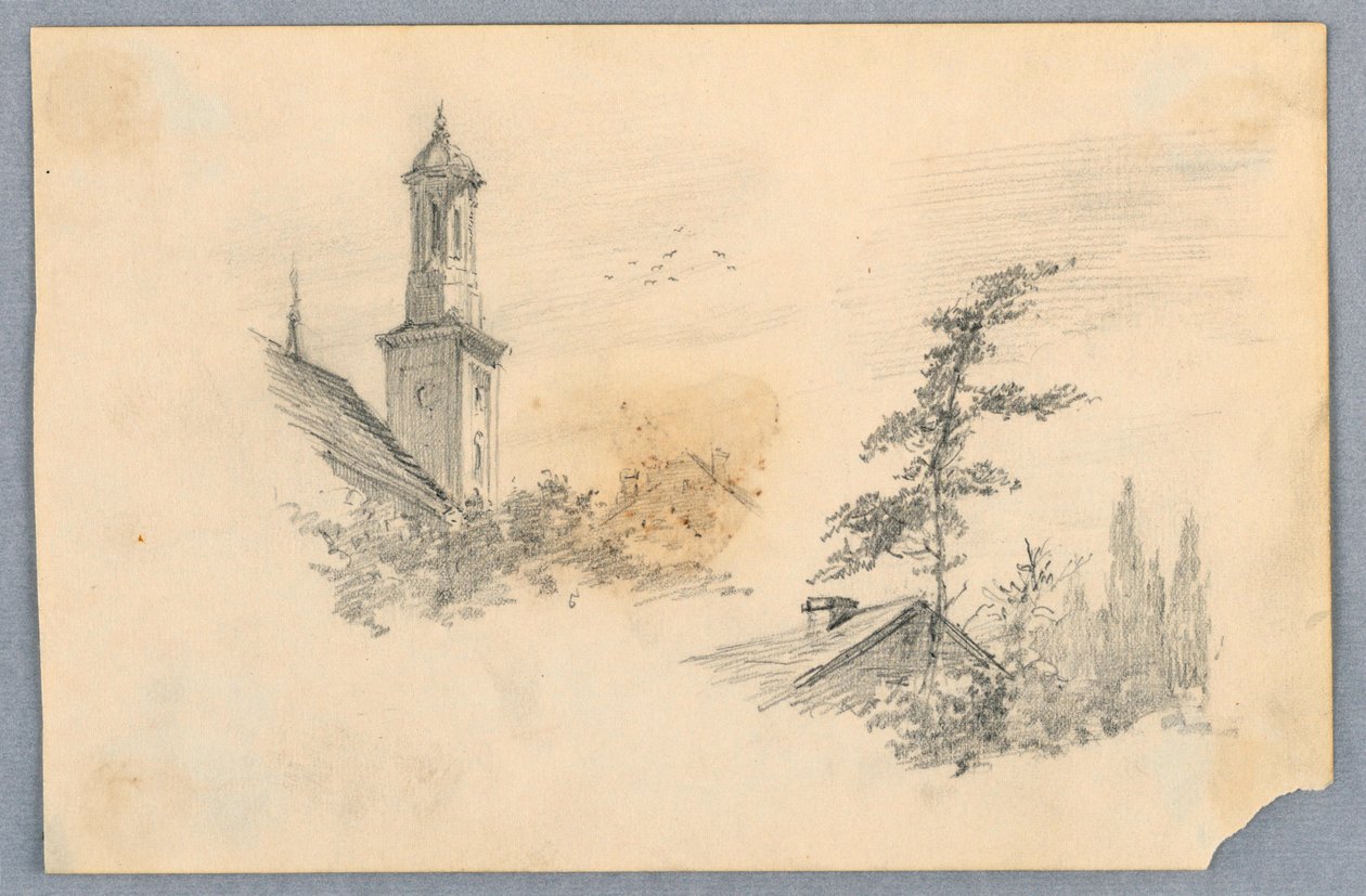 Vázlat a templomtoronyról és a tetőről alkotó: Arnold William Brunner