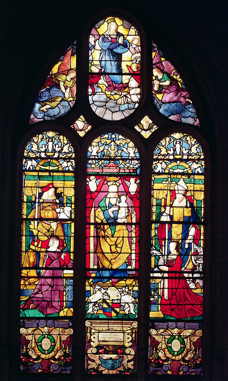 A Szűzet és a Gyermeket ábrázoló ablak Szent Adriánnal, St. Romainnal és az adományozókkal körülvéve, 1510 (ólomüveg) alkotó: Arnoult de Nimegue
