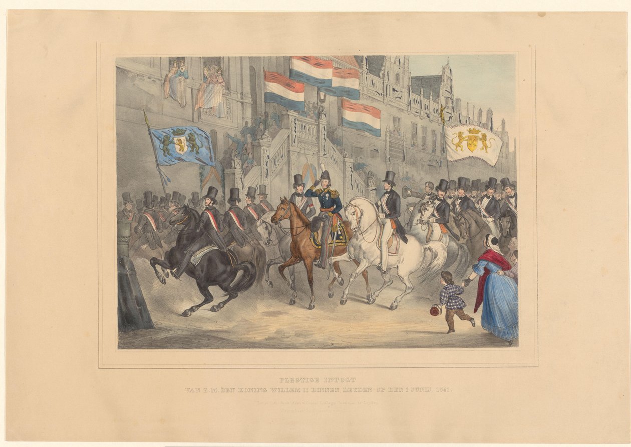 II. Vilmos király belépése Leidenbe, 1841 H. M. den Koning Willem II. ünnepélyes beiktatása Leydenben 1841. június 1-jén (cím a tárgyon) alkotó: Arnz and Co.