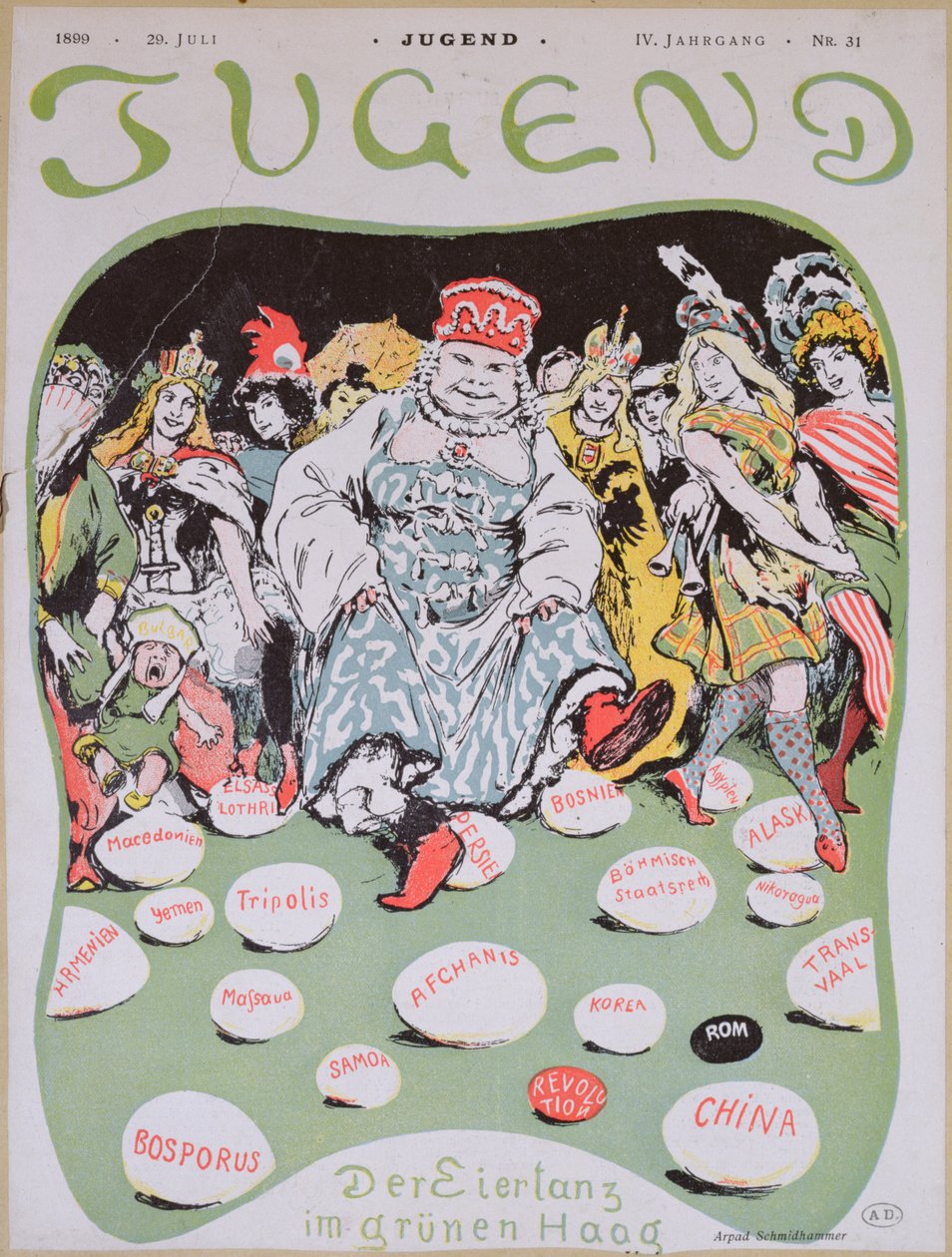 Tojástánc, rajzfilm az első hágai békekonferenciáról, a német Jugend folyóiratból, 1899. július 29. alkotó: Arpad Schmidhammer